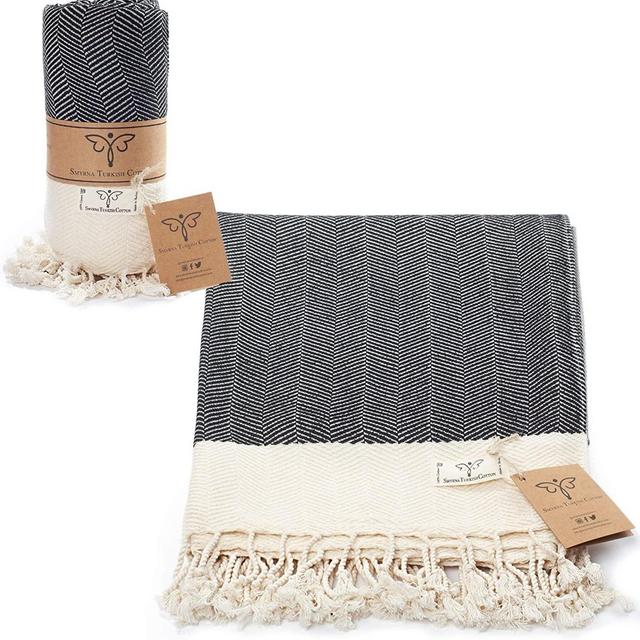 Smyrna Original Turkish Throw Blanket Herringbone Series | 100% Cotton, 50 x 60 Inches | Vintage Boho Throw Blankets | Lightweight and Super Soft (Black)