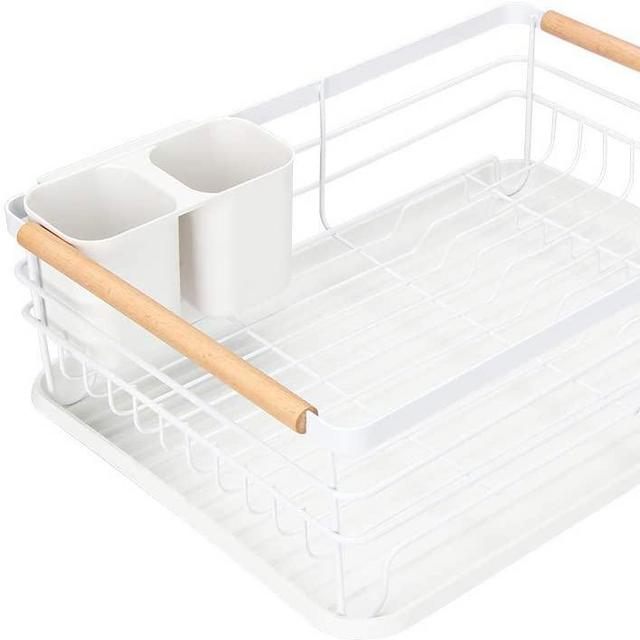 Modern Wood Handle Dish Rack and Drain Board, Attom Tech Home 16.5" x 12" x 5.5" Drying Rack Dish Drainer