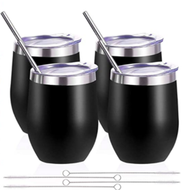 Stainless Steel Stemless Wine Glass Tumbler, Set of 4 (Black)