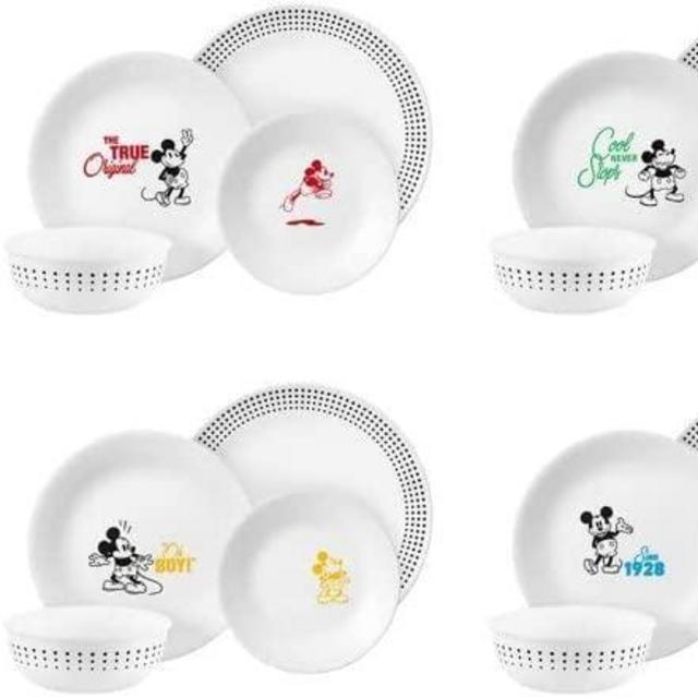 Corelle Vitrelle 16-Piece Dinnerware Set, Triple Layer Glass and Chip Resistant, Lightweight Round Plates Bowls Disney's Mickey Mouse - The True Original White