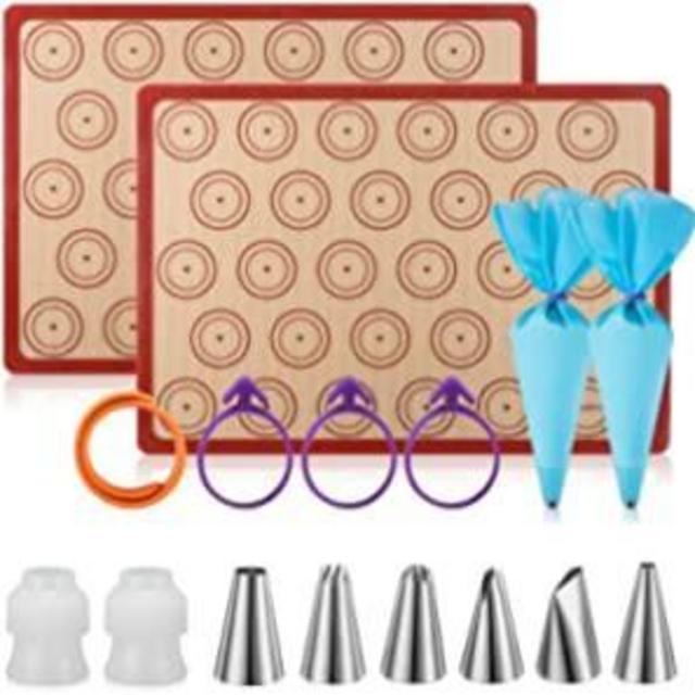 Silicone Baking Mat Macaron Mat Kit(16pcs set) Macaroon Baking Mat Set of 2 Half Sheet Macaron Silicone Mat Nonstick Macaron Mat Sheet,6 Piping Tip,2 Piping Bag with 3 Bag Tie,2 coupler (11.6"x16.5")