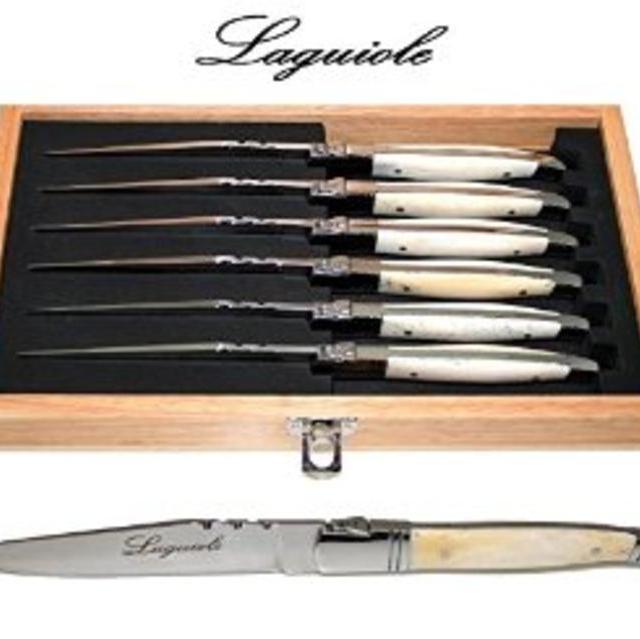 Laguiole - Real Bone - 6 Steak Knives - Blade: 2 Mm - Smooth + Very Sharp (Perfect Steak/Pizza Knife) - Original Genuine Laguiole - Quality Family Table Cutlery/Flatware Setting for 6 People - Set in Wooden Presentation Box - Direct From France