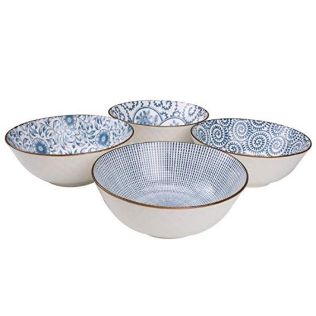 YALONG 40-Ounce Large Blue and White Porcelain Soup,Salad,Pasta Serving, Pho Bowls, Assorted Floral Patterns, Stackable Deep Bowl Set of 4