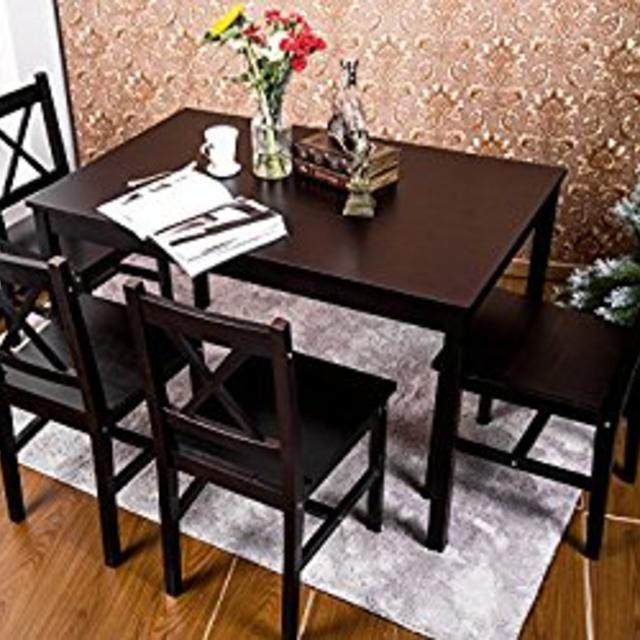 Merax 5 PC Solid Wood Dining Set 4 Person Table and Chairs(Dark Espresso)