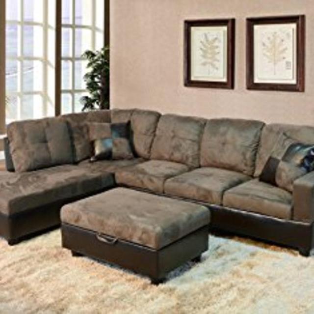 Beverly Furniture 3 Piece Microfiber and Faux Leather Upholstery Right-facing Sectional Sofa Set with Storage Ottoman, Stone Gray
