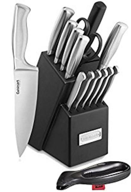 Wooden Kitchen Knife Block Set, 16-Piece Stainless Steel Cutlery set Bundle - Chef Knife, Bread Knife, Santoku Knife, Serrated Utility Knife,and Sharpener & Cloth