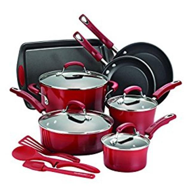 Rachael Ray 14-Piece Hard Enamel Nonstick Cookware Set, Red