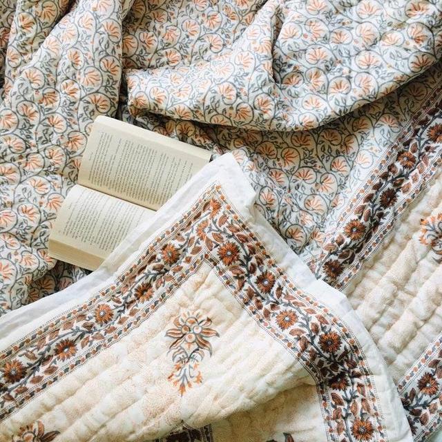 HandBlock Print Handmade Queen floral Cotton Quilted Quilt Cotton Blanket Handmade Bedspread Hand Block Print, 100% Cotton Blanket Throw