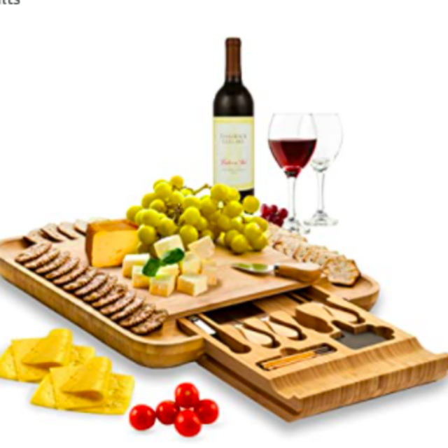 Bambüsi Premium Bamboo Cheese Board Set - Wooden Charcuterie Board Serving Platter and Knife Set with Hidden Slid-Out Drawer - Ideal Gift for Wedding, Housewarming, Bridal Shower, Birthday