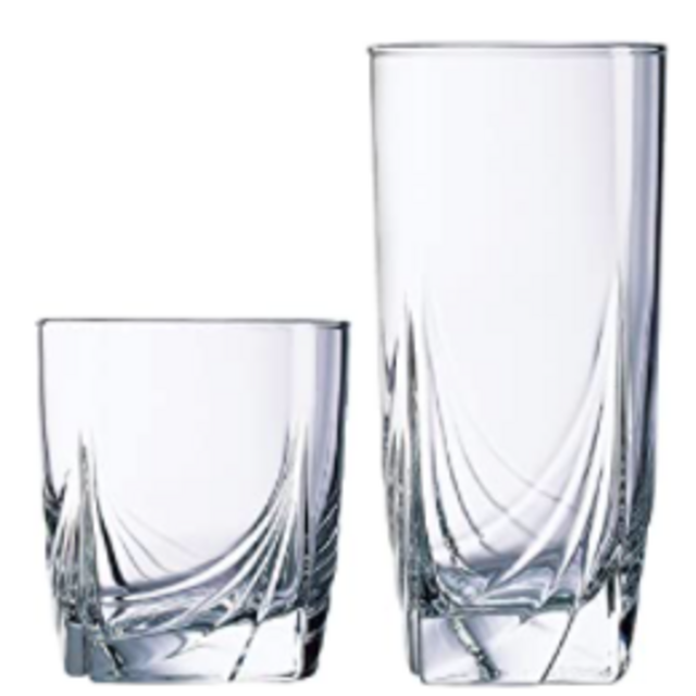 Luminarc 16 Piece Ascot Tumbler Set, 8-16.5 Ounce Coolers & 8-13 Ounce Double Old Fashioned Glasses, Mixed, Clear