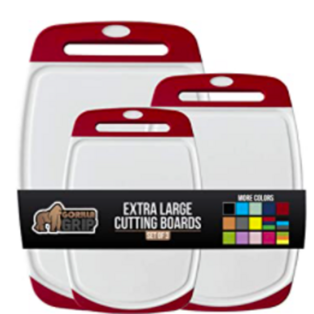 Gorilla Grip Oversized Cutting Board, 3 Piece, Easy Grip Handle, Juice Grooves, Non-Slip, Extra Large Thick Chopping Boards, Dishwasher Safe, Non Porous, Kitchen, Professional Serving, Set of 3, Red
