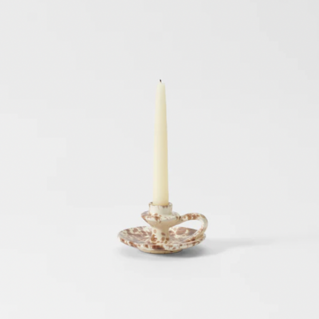 Brown on Cream Splatterware Chamberstick Candleholder