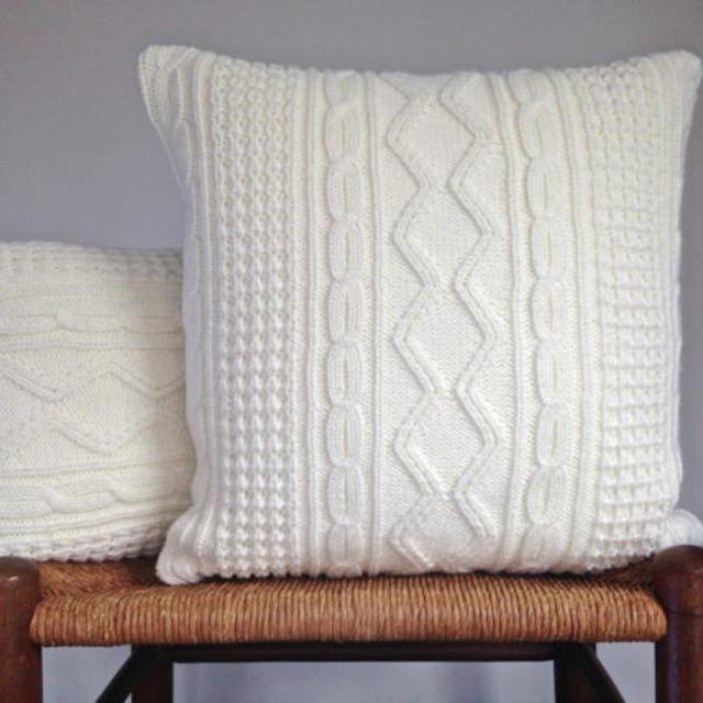 Celtic Cables Textured Knit Sweater Pillow Covers White Up Cycled Sweater