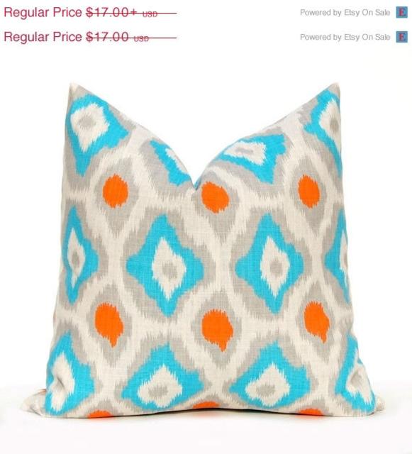 SALE SALE Decorative Throw Pillow Cover Turquoise, Orange and Gray on Natural Cushion Cover Turquoise Pillow Orange Pillow