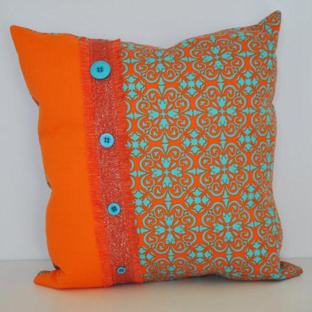 Orange & Turquoise Happy Medallion with decorative Buttons Mix Fabric, Decorative Pillow Cover, Throw Pillow Cover, Accent Pillow Cover