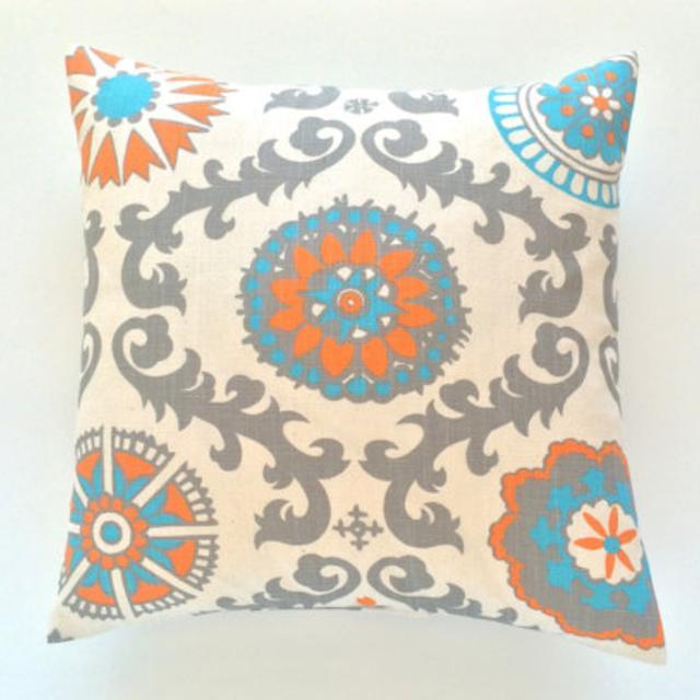 Decorative Throw Pillow Cover. 18 x 18 Inches. Mandarin Orange, Turquoise, Grey Floral Dossett Rosa