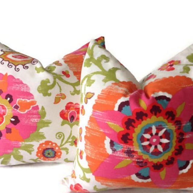 Suzani Pillows, Throw Pillows, Decorative Throw Pillow Cover Orange, Pink,Red, Blue Pillows Beach Pillows indoor- outdoor pillow cover