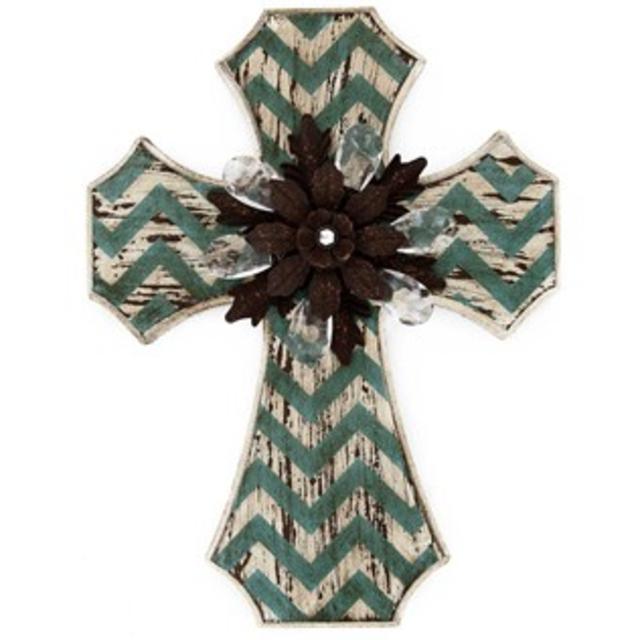 Blue & Cream Chevron Cross with Rustic Flower