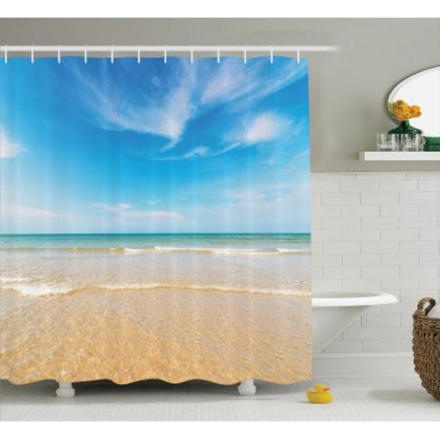 Ocean Decor Shower Curtain Set, Sea And Sky Landscape At The Beach In Tropical Exotic Fantastic Hawaiian Caribbean Lands, Bathroom Accessories, 69W X 70L Inches, By Ambesonne