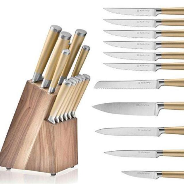 Gold Knife Set with Walnut Block, 12-piece Stainless Steel