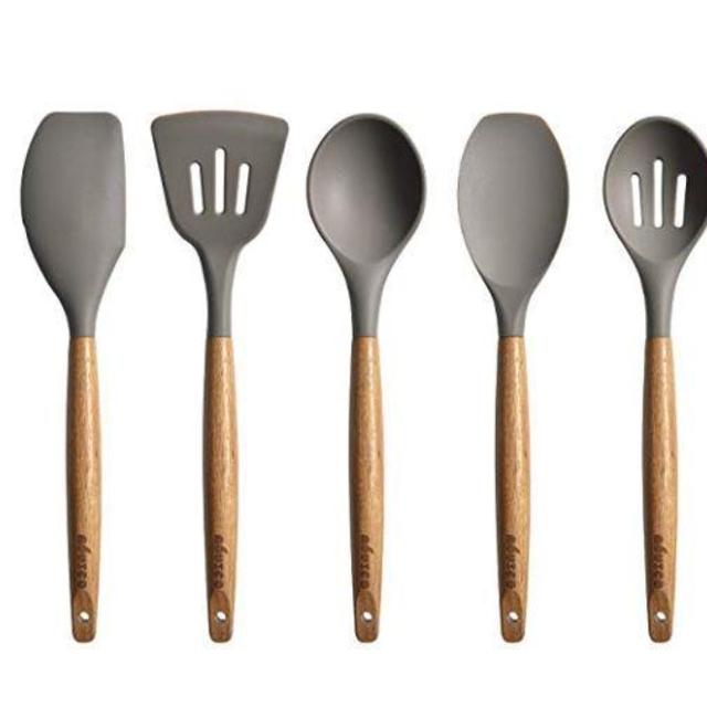Miusco 5 Piece Silicone Cooking Utensil Set with Natural Acacia Hard Wood Handle
