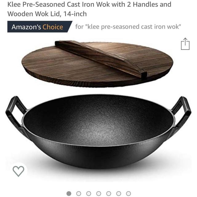Klee Pre-Seasoned Cast Iron Wok with 2 Handles and Wooden Wok Lid, 14-inch
