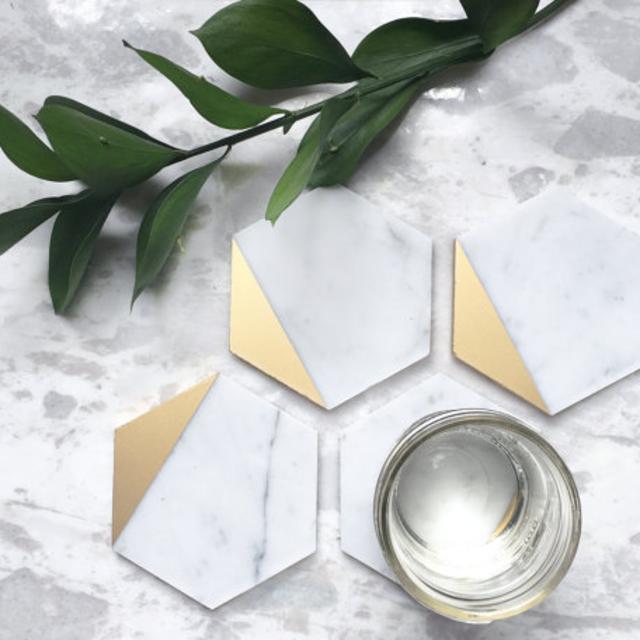 Gold Dipped Carrara Marble Coasters, Set of 4