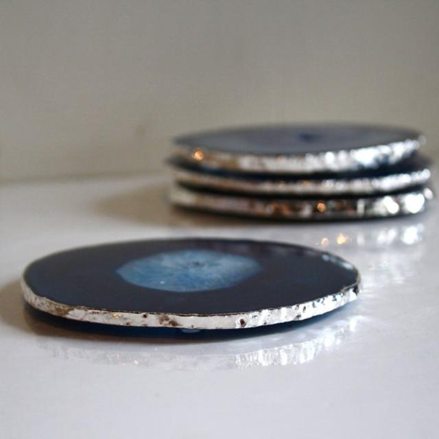 SALE - Set of 4 Blue Brazilian Agate Coasters with Silver Edge