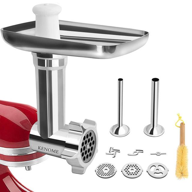 Metal Food Grinder Attachment for KitchenAid Stand Mixers Includes 2 Sausage Stuffer Tubes,Durable Meat Grinder Attachment for kitchenAid,Sliver