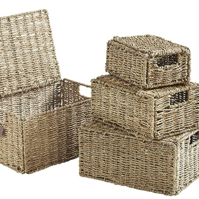 VonHaus Set of 4 Seagrass Storage Baskets with Lids and Insert Handles Ideal for Home and Bathroom Organization ,Biege ,Set of 4 Seagrass with Lid