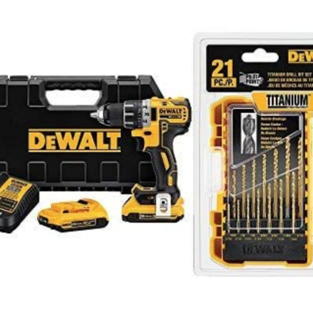 DEWALT 20V MAX XR Li-Ion Brushless Compact Drill/Driver Kit with DEWALT DW1361 Titanium Pilot Point Drill Bit Set, 21-Piece