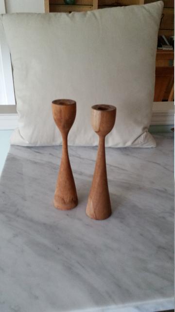 Mid century modern wood candle holder pair