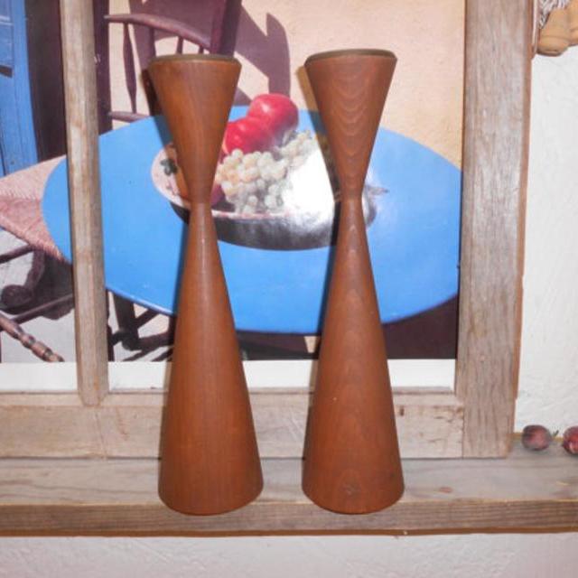 Danish Modern Candle Holders Chic Eames Era- Mid Century Turned Wood MCM Mosernist Candle Holders