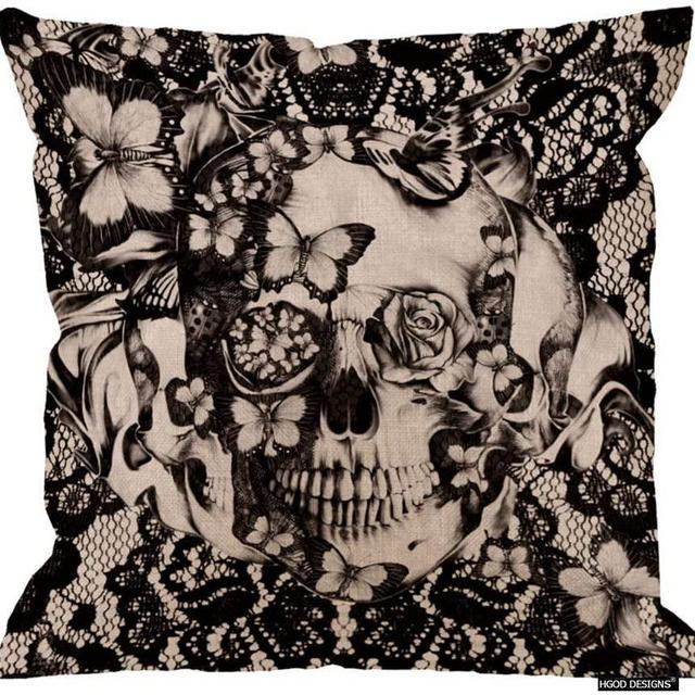 HGOD DESIGNS Cotton Linen Sofa Chair Square Throw Pillow Case Decorative Cushion Cover Pillowcase Victorian Gothic Lace Skull Pillow Cover Double Side 18X18 Inches
