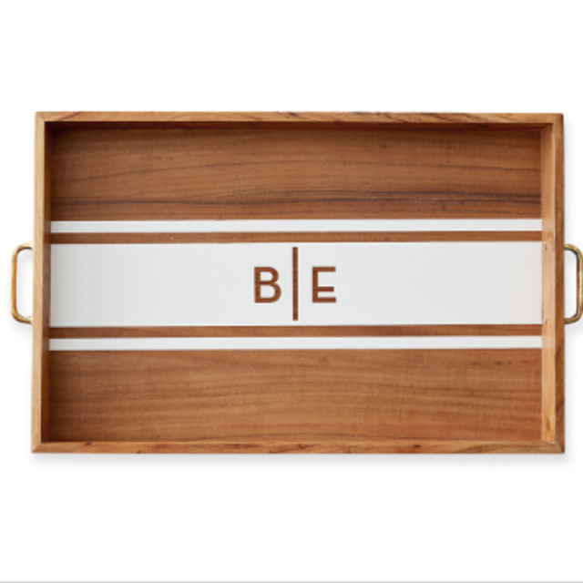 Striped Wood Acacia Tray, White, Rectangular - Monogramed with "B | E" in font NEUTRA BOLD - STYLE 673