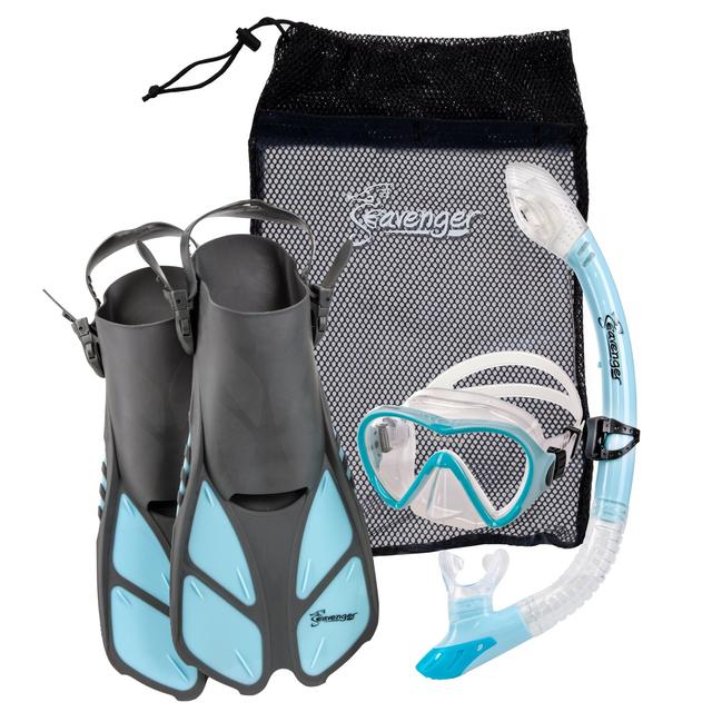 Seavenger Adult and Junior Diving Snorkel Set- Dry Top Snorkel / Trek Fin / Single Len Mask / Gear Bag- Blue/red/yellow/black/bs