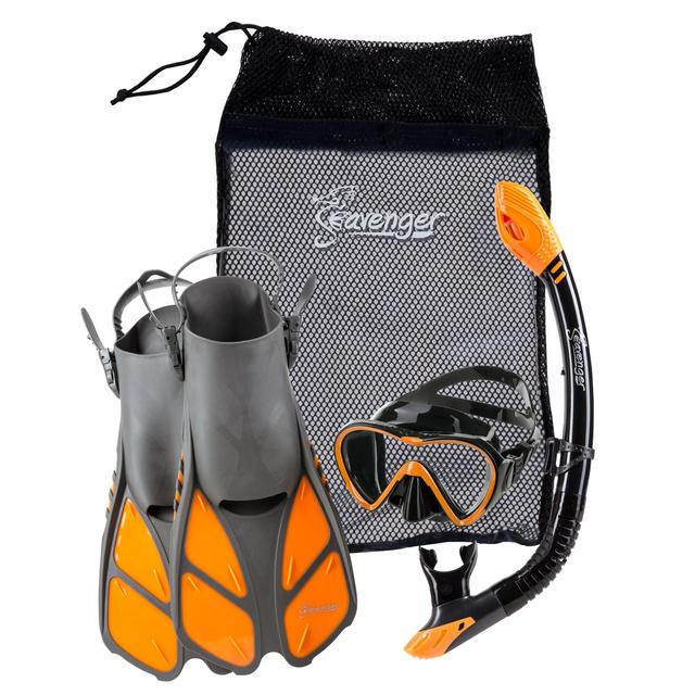 Seavenger Adult and Junior Diving Snorkel Set- Dry Top Snorkel / Trek Fin / Single Len Mask / Gear Bag- Blue/red/yellow/black/bs