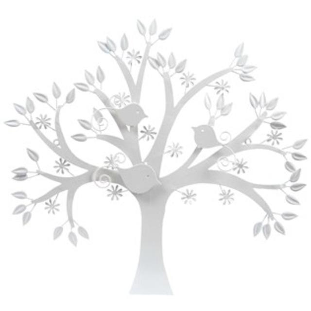 Glossy White Metal Tree Wall Decor with 3 Birds