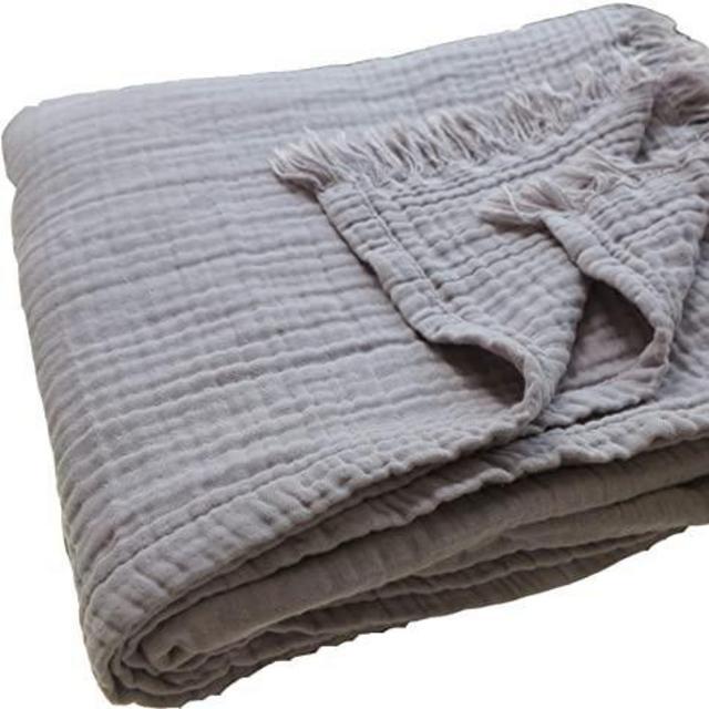 100% Organic Muslin Cotton Throw Blanket for Adult Kids Couch, 4 Layers Pre-Washed Plant Dyed Yarn, Breathable Soft Cotton, Cozy, Warm, Lightweight Bed Blanket for Summer, All Season (55"x60" Grey)