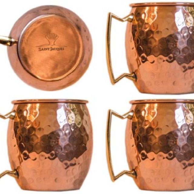 Moscow Mule 100 % Solid Pure Copper Mug /Cup (16-ounce/set of 4, Hammered, Nickel Lined)- Saint Jacques
