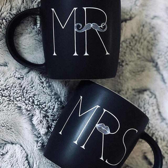MKT ST Mr and Mrs Ceramic Coffee Mug, Matte Black (Set of 2)