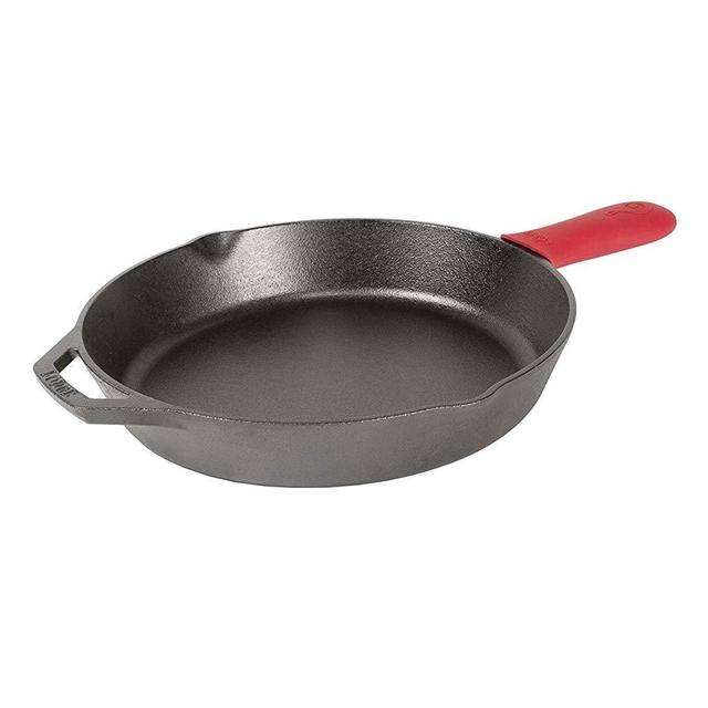 Lodge 12 Inch Cast Iron Skillet. Pre-Seasoned Cast Iron Skillet with Red Silicone Hot Handle Holder.