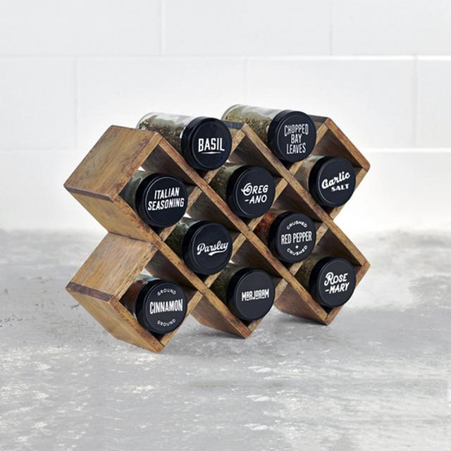 Kamenstein 10 Jar Criss Cross Pine Spice Rack With Black Caps