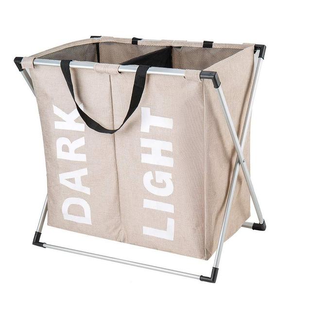 Hosroome 2 Sections Laundry Hamper Laundry Baskets with Aluminum Frame (24"x 15"x 23") Dirty Clothes Bag for Bathroom Bedroom Home College Use,Beige