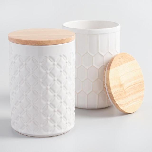 White Textured Ceramic Canisters with Bamboo Lids Set of 2
