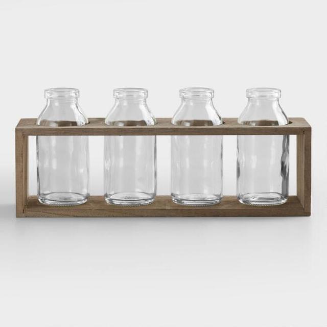 4" Bottle Vases with Wood Holder, Set of 4