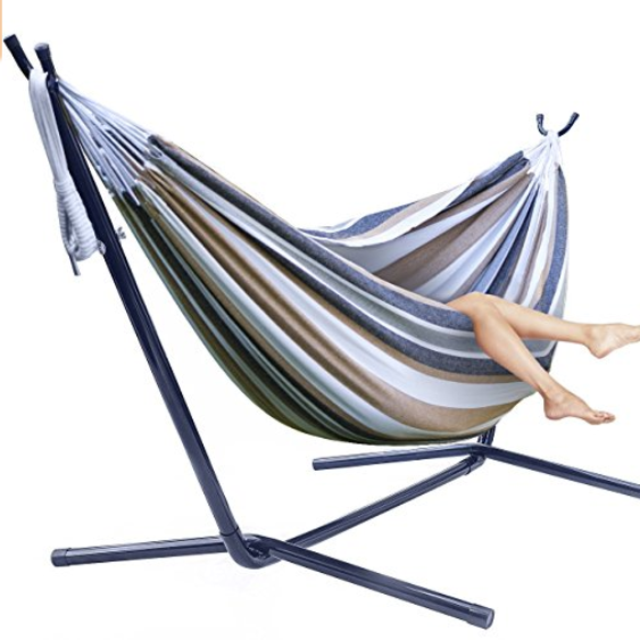 Sorbus Double Hammock with Steel Stand Two Person Adjustable Hammock Bed - Storage Carrying Case Included (Desert-Brown Blue)