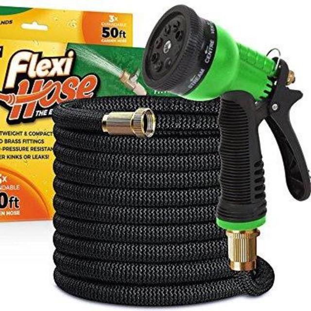 FlexiHose Upgraded Expandable 50 FT Garden Hose, Extra Strength, 3/4" Solid Brass Fittings - The Ultimate No-Kink Flexible Water Hose, 8 Function Spray Included