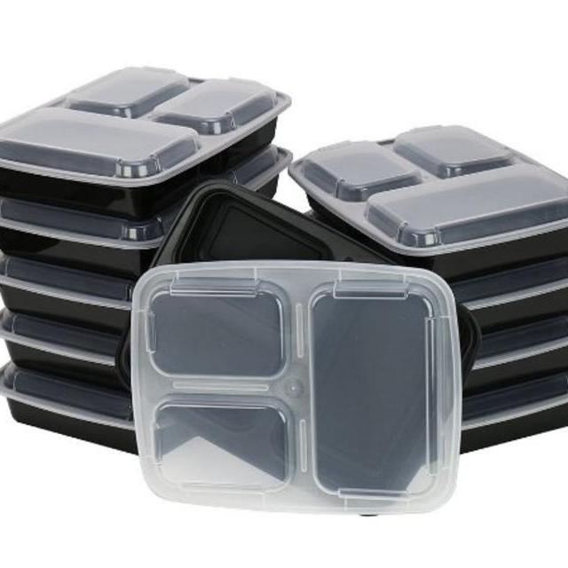 ChefLand 3-Compartment Microwave Safe Food Container with Lid/Divided Plate/Bento Box/Lunch Tray with Cover, Black, 10-Pack