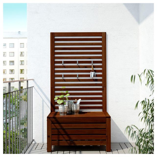 ÄPPLARÖ								Bench with wall panel, outdoor, brown stained brown